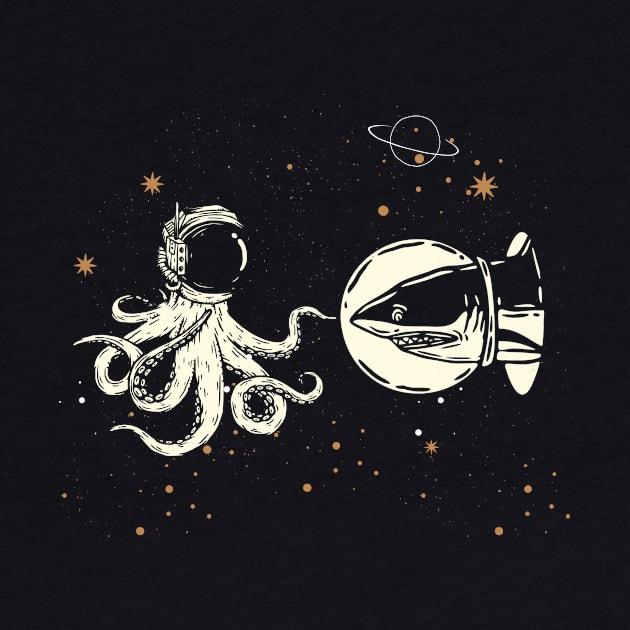 Shark and octopus encounter in space by Unelmoija